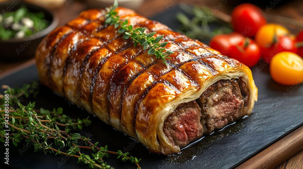 Beef Wellington served on dark grey textured plate with fresh garnish top view