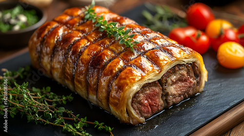 Obraz na płótnie Beef Wellington served on dark grey textured plate with fresh garnish top view w salonie
