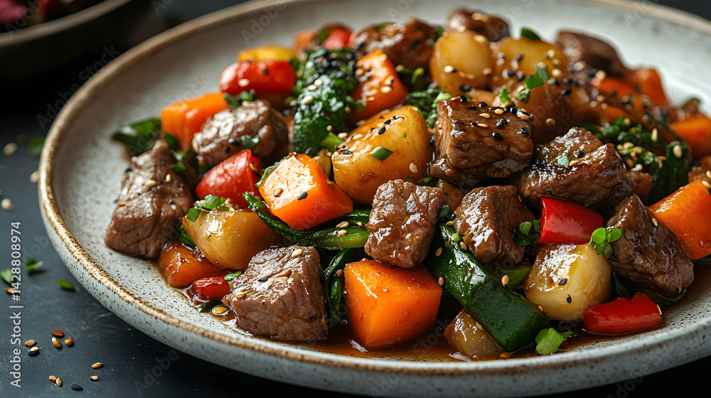 Beef and vegetable stir-fry with a soy sauce glaze on a white plate