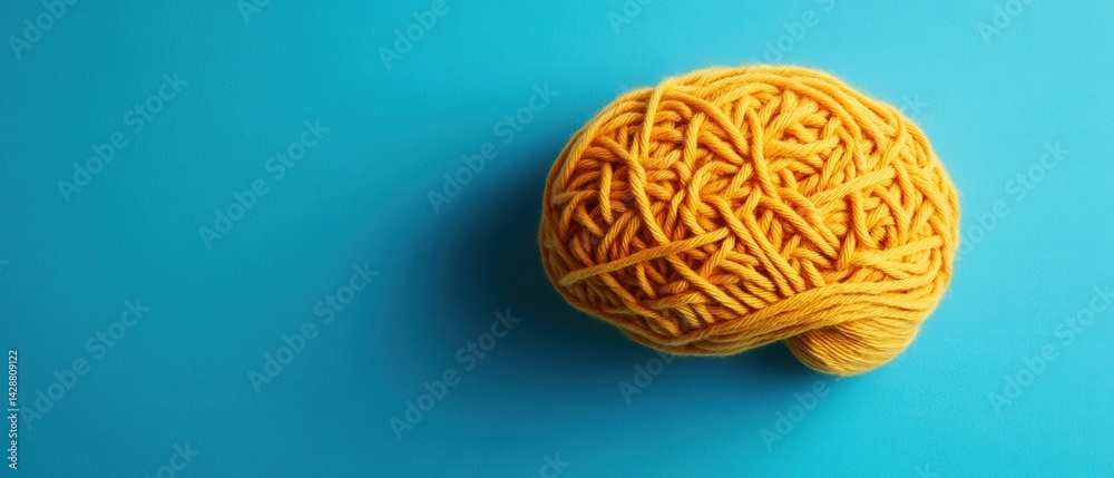 Obraz premium Creative yellow yarn brain on blue background Concept of mental health, ideas, intelligence, memory, and learning