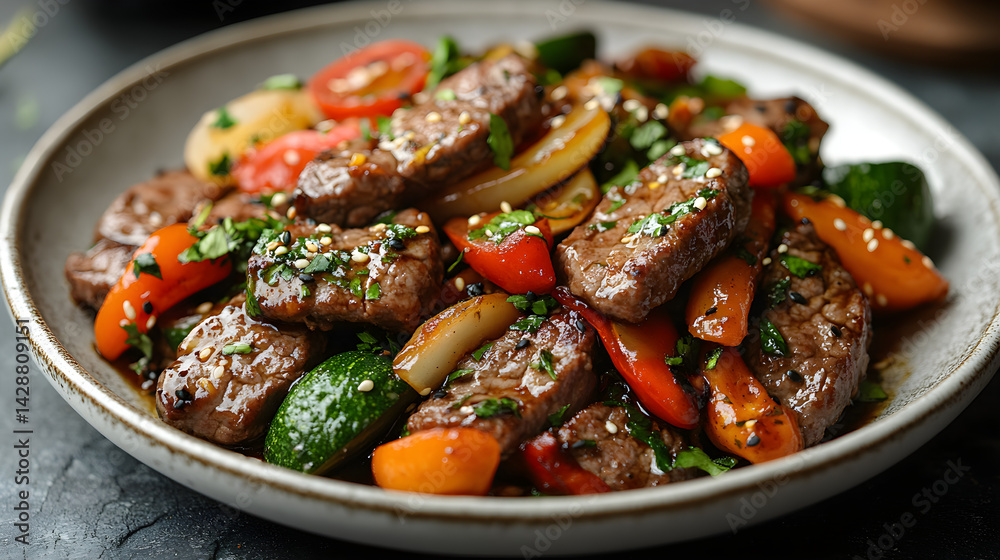 Beef and vegetable stir-fry with a soy sauce glaze on a white plate