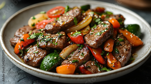 Obraz na płótnie Beef and vegetable stir-fry with a soy sauce glaze on a white plate w salonie