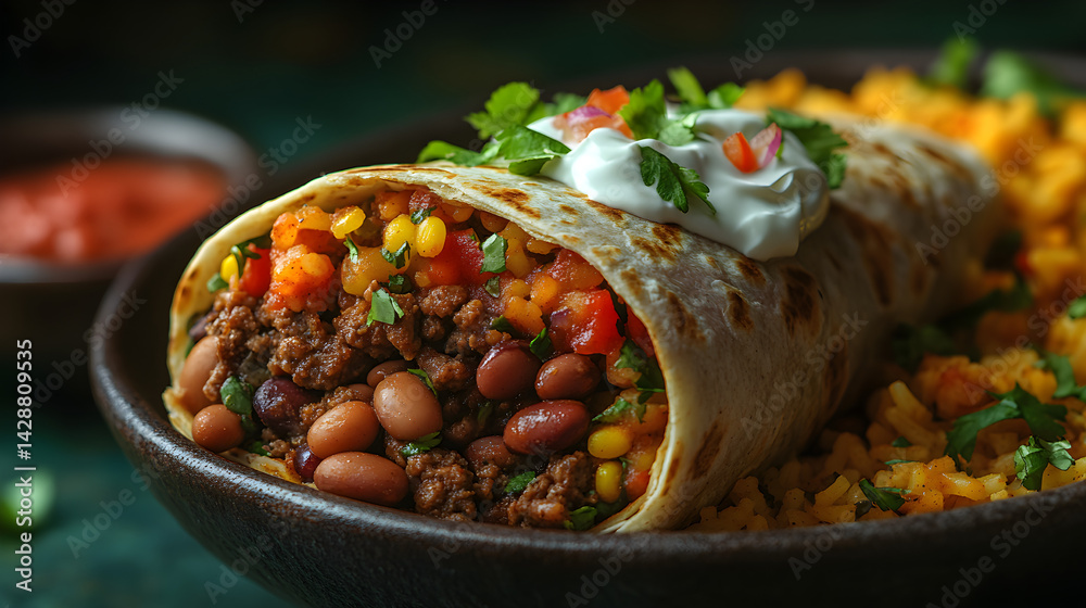Beef burrito wrapped in a tortilla with beans, rice, and sour cream