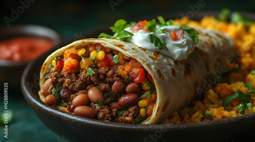 Obraz na płótnie Beef burrito wrapped in a tortilla with beans, rice, and sour cream w salonie