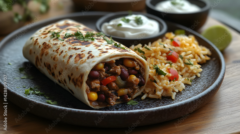 Beef burrito wrapped in a tortilla with beans, rice, and sour cream