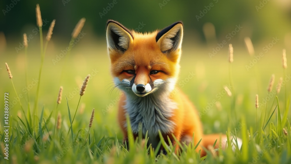 Obraz premium Cute Red Fox Cub In Green Grass