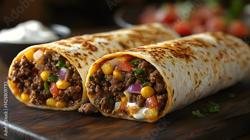 Obraz na płótnie Beef burritos filled with seasoned ground beef, cheese, and sour cream w salonie