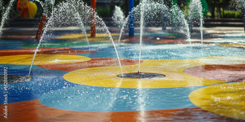 Enjoying water play at the colorful splash pad with jets spraying water during a sunny day in the park