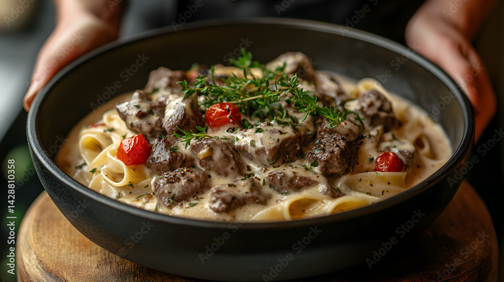 Beef stroganoff in creamy sauce served on a bed of pasta
