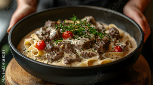 Obraz na płótnie Beef stroganoff in creamy sauce served on a bed of pasta w salonie