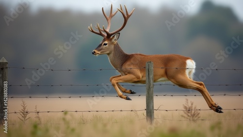 Buck Deer Jumping Fence In Open Field