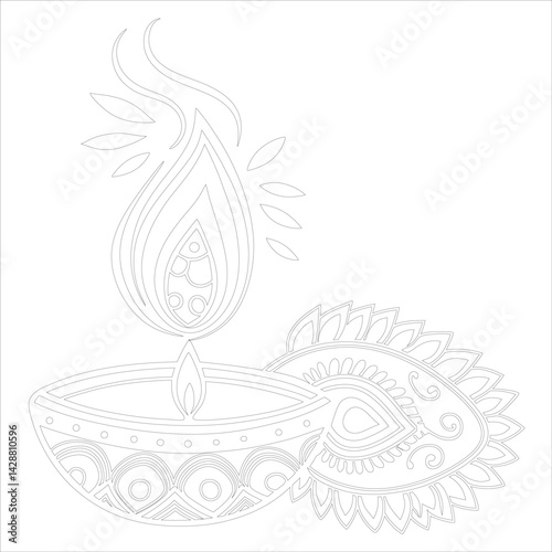 Diwali Diya Line Art Silhouette Vector Traditional Oil Lamp Line Art Illustration