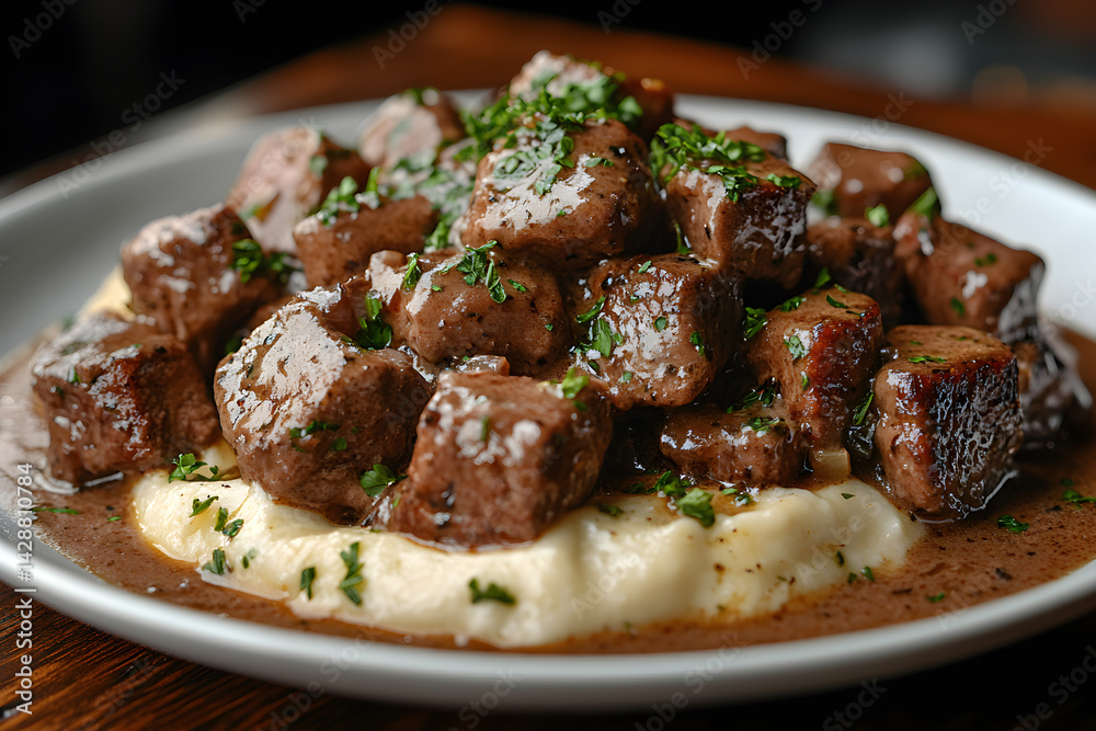 Beef stroganoff plated with a rich brown sauce and a garnish of parsley