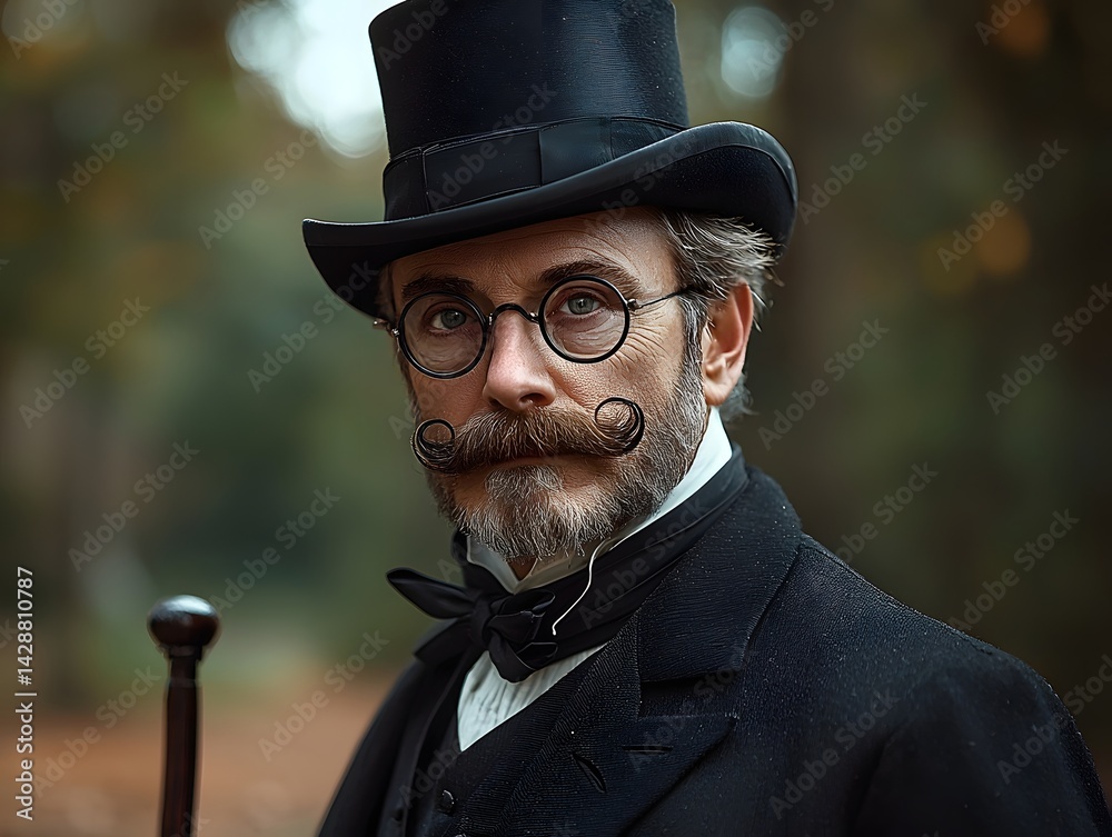 A Victorian gentleman in formal attire posing with a monocle top hat and cane against a painted backdrop