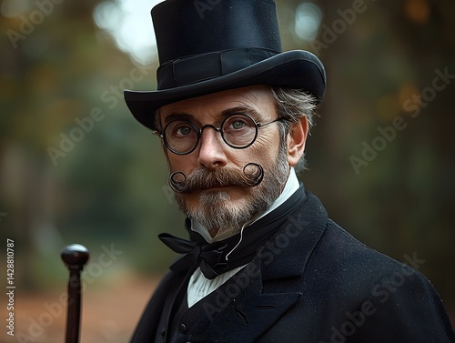 Obraz na płótnie A Victorian gentleman in formal attire posing with a monocle top hat and cane against a painted backdrop w salonie
