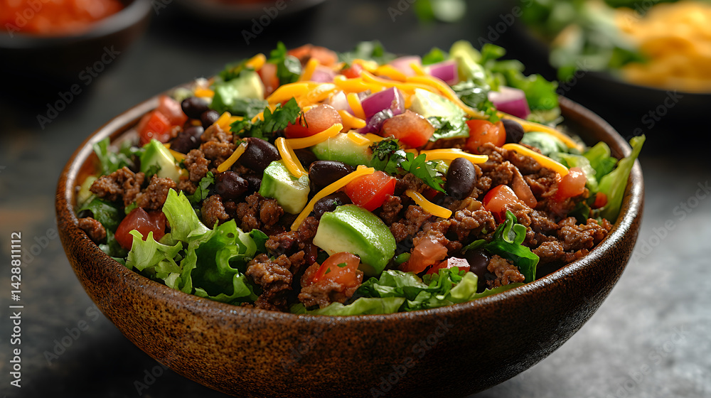 Beef taco salad with seasoned beef, lettuce, cheese, and salsa in a tortilla bowl