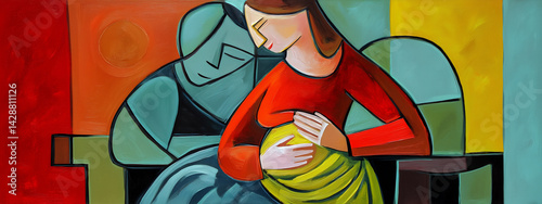 A pregnant woman surrounded by vibrant geometric shapes that evoke emotion and beauty. Cubism.