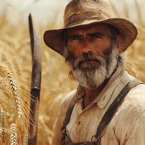 Obraz na płótnie Weathered Farmer Tending to Wheat Field with Scythe w salonie