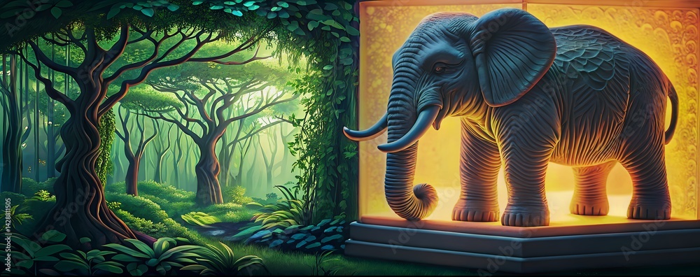 Enchanted forest with a glowing elephant sculpture