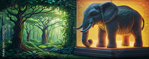 Obraz na płótnie Enchanted forest with a glowing elephant sculpture w salonie