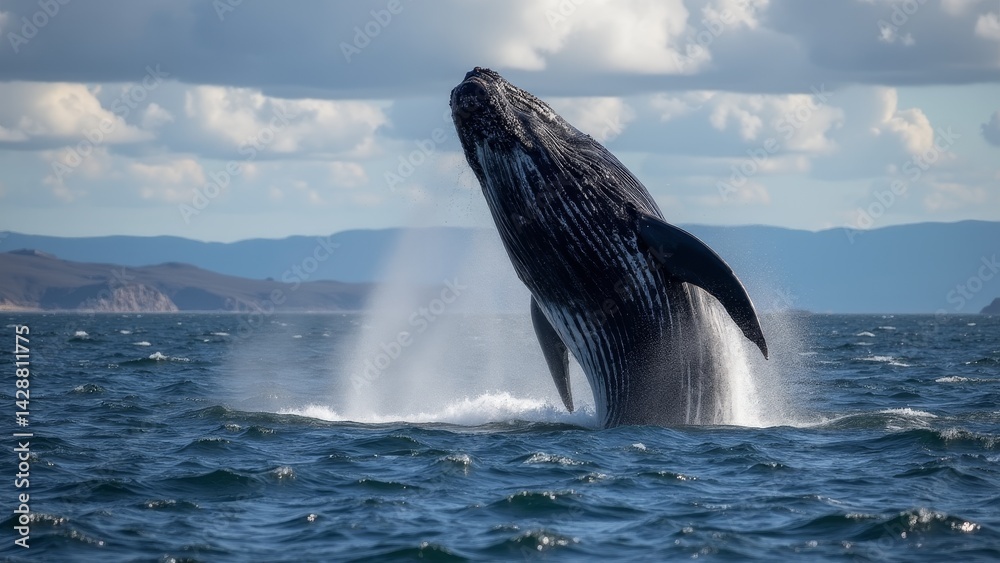 Fototapeta premium Humpback Whale Breaching In Ocean-Baja California