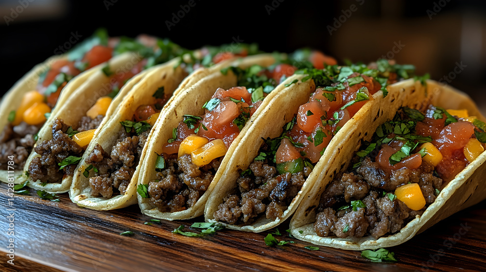 Beef tacos with seasoned ground beef, cheese, and salsa on a taco shell