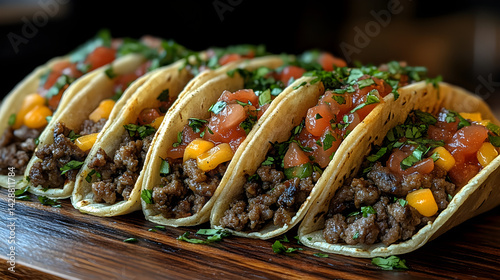 Obraz na płótnie Beef tacos with seasoned ground beef, cheese, and salsa on a taco shell w salonie