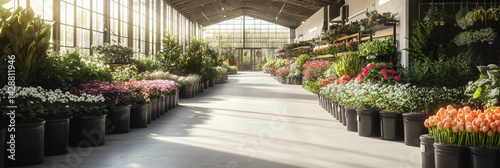 panoramic photo of an interior view of the long and wide main entrance to a large flower garden center with white concrete floors, tall glass windows on two sides .