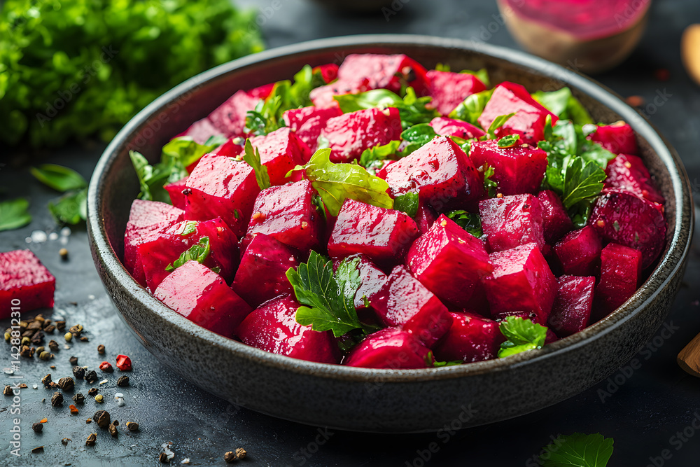 Beetroot Salad styled on dark grey background with clean plating and props
