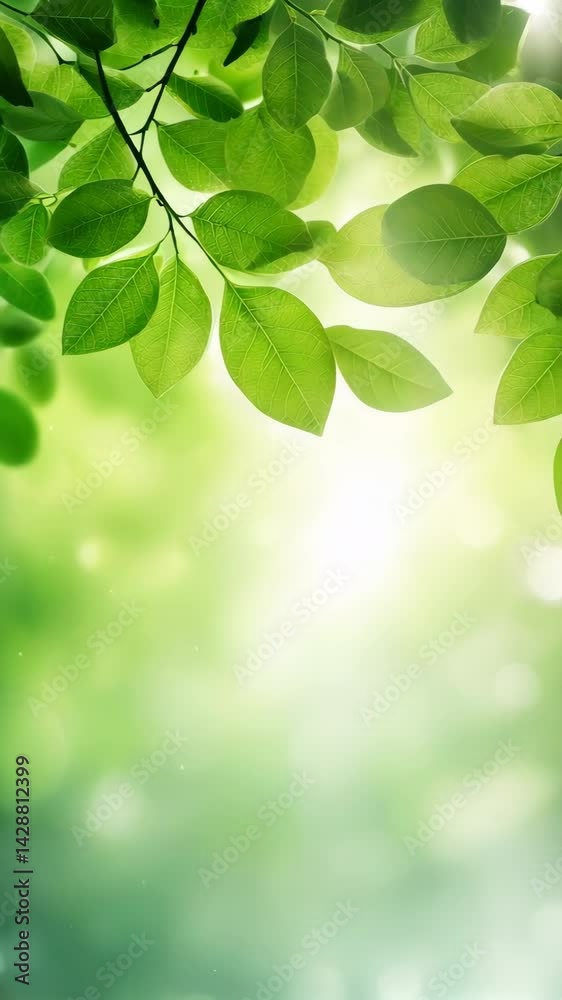 Vertical video of green leaves with light bokeh and calming motion vertical nature video bokeh background