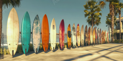 Surfboards lined up under the sun on a vibrant beach showcasing water fun and beach culture