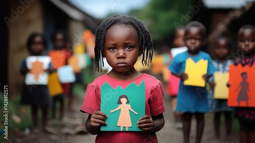 African Child Holds Paper Figure, Educational Project in Rural Village