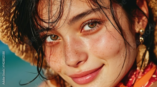 Asian woman looking toward sun at sea