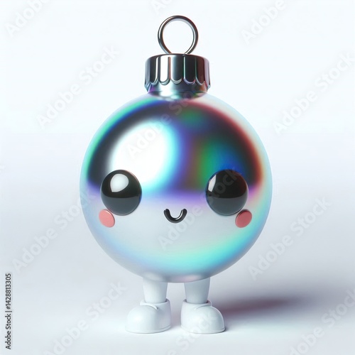 Animated character 3D image of a metallic holographic style Christmas ball cute design, white background