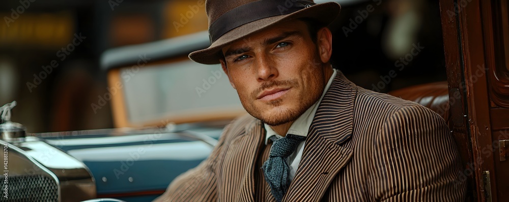 Vintage portrait of a 1920s gangster in a pinstripe suit and fedora