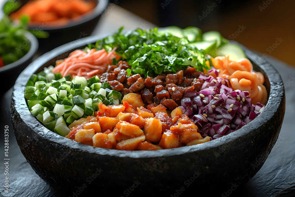 Bibimbap styled on rustic black stone table with side ingredients