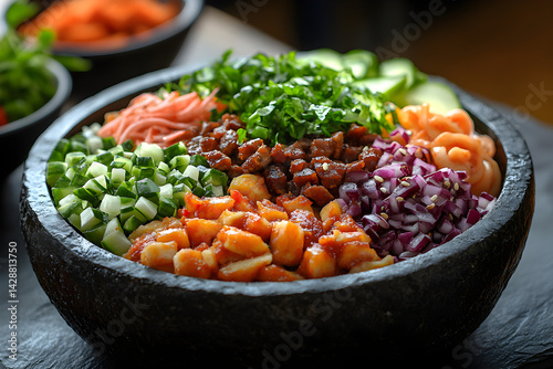 Obraz na płótnie Bibimbap styled on rustic black stone table with side ingredients w salonie