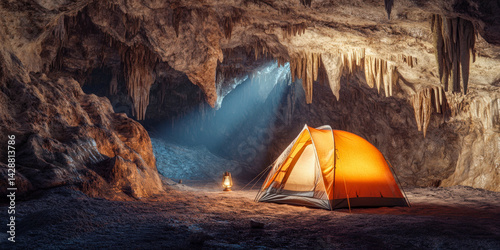 Unique underground tent camping experience in a cave with glowing lantern at twilight