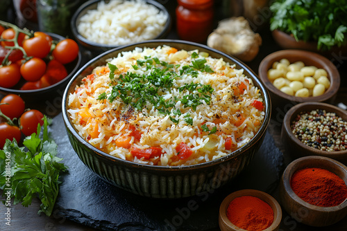Obraz na płótnie Biryani styled on rustic black stone table with side ingredients w salonie