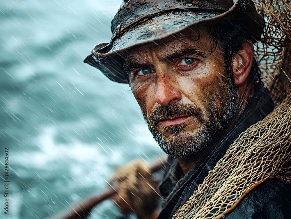Weathered Fisherman Stands on Pier Amidst Stormy Seas