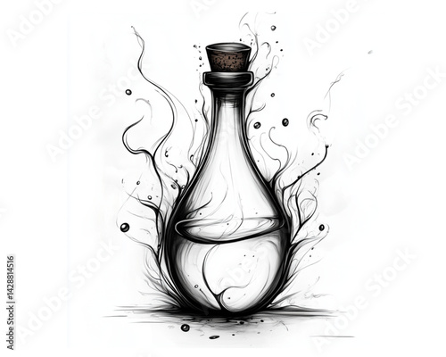 Graceful bottle with cork and rising smoke, grayscale, evoking natural fragrance on white.