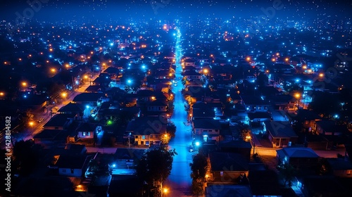 Aerial view of a residential neighborhood at night, illuminated by various street lights and home lights
