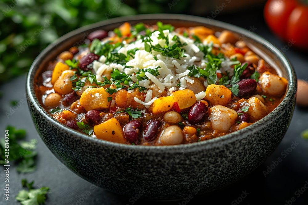 Bowl of hearty vegetarian chili with kidney beans and a sprinkle of cheese