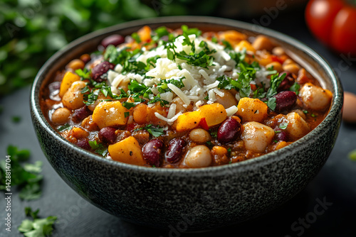 Obraz na płótnie Bowl of hearty vegetarian chili with kidney beans and a sprinkle of cheese w salonie
