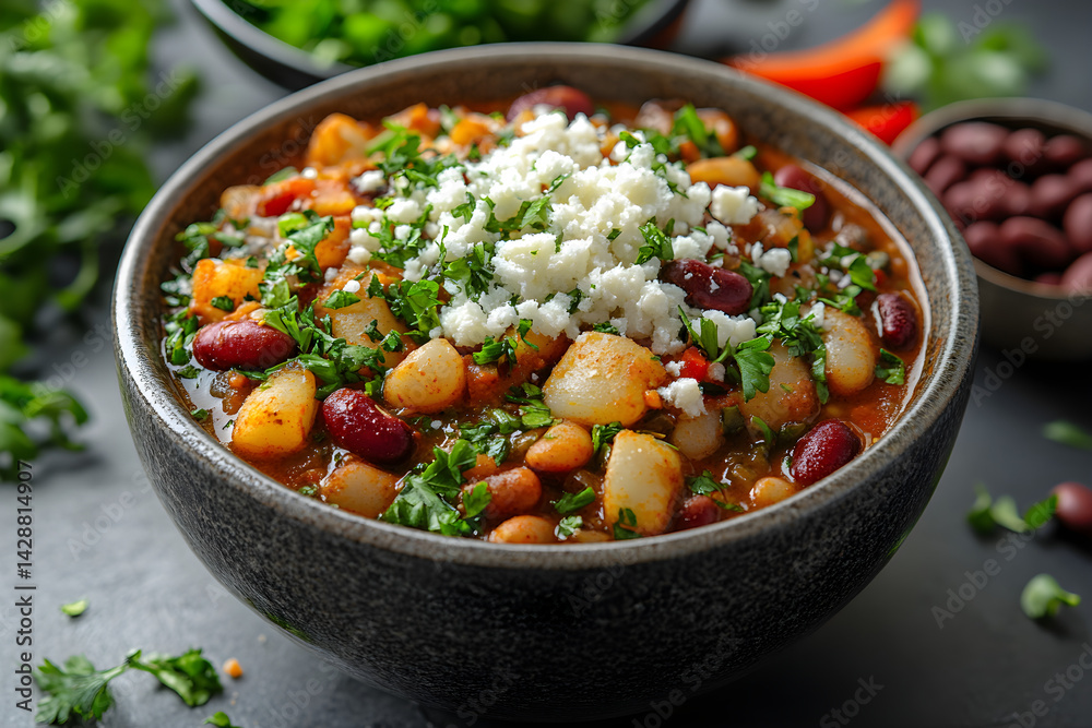 Bowl of hearty vegetarian chili with kidney beans and a sprinkle of cheese