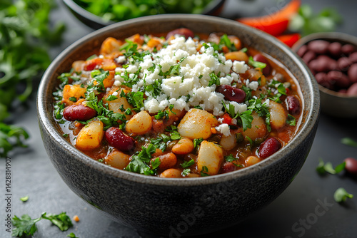Obraz na płótnie Bowl of hearty vegetarian chili with kidney beans and a sprinkle of cheese w salonie