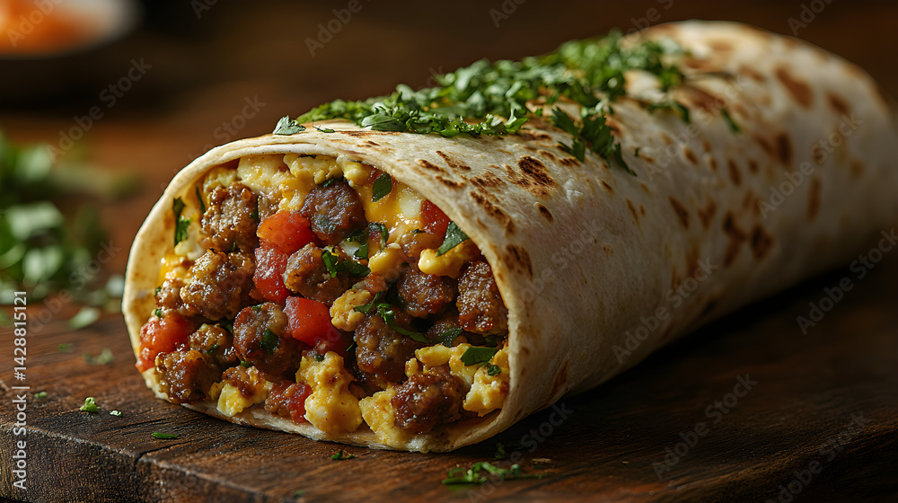 Breakfast burrito with scrambled eggs, sausage, and cheese wrapped in a tortilla