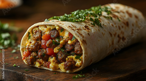 Obraz na płótnie Breakfast burrito with scrambled eggs, sausage, and cheese wrapped in a tortilla w salonie