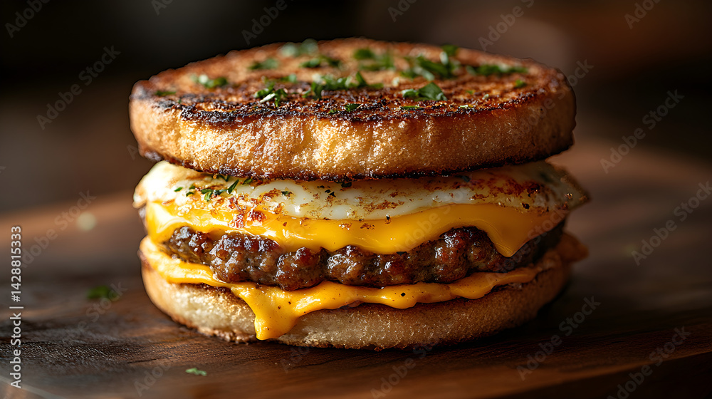 Breakfast sandwich with egg, cheese, and sausage on a toasted muffin