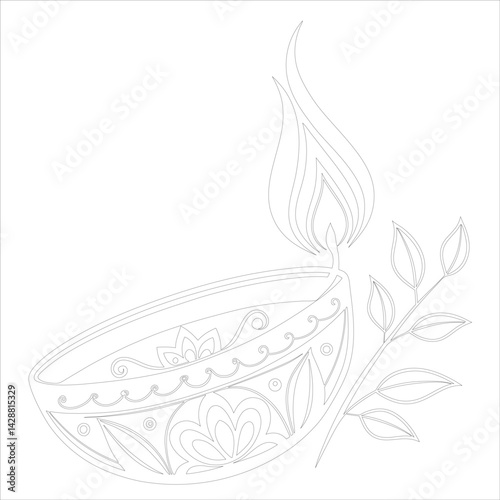 Diwali Diya Line Art Silhouette Vector Traditional Oil Lamp Line Art Illustration